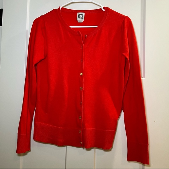 Ann Klein Red Cardigan Size Small Gold Lion Buttons Crew Neck Long Sleeve - Picture 1 of 10